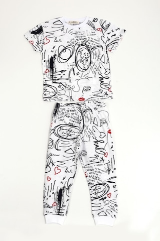 Luess Çocuk Baskılı %100 Pamuk Suprem Pijama Takımı-Beyaz