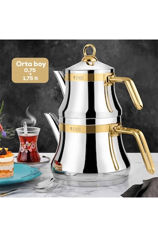 Lines Naz Orta Boy Paslanmaz Çelik Kapsül Tabanlı Çaydanlık Takımı Altın