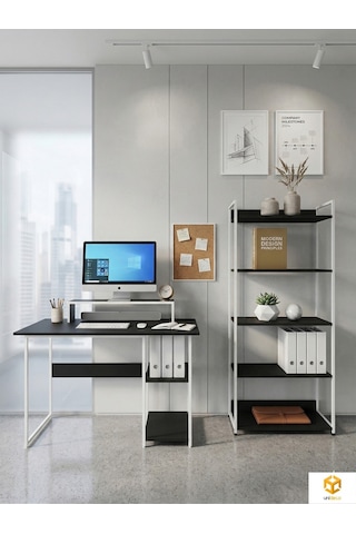 Vien 2 Set Kitaplıklı Masa Raflı Çalışma Masası 5 Raflı Kitaplık Monitör Yükseltici Beyaz - Siyah