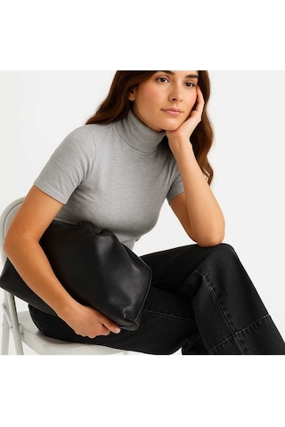 Kadın Kısa Kollu Yarım Boğazlı Body Gri Melanj