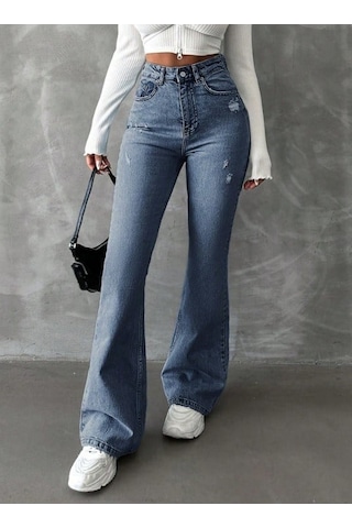 Herton Yüksek Bel İspanyol Paça Jean Pantolon - Eskitme Detaylı Full Pamuklu Flare Denim Bebe Mavi