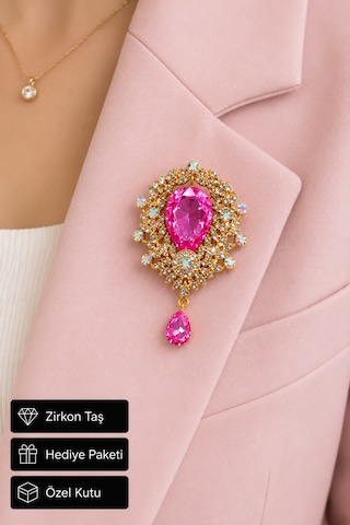 Pembe Damla Taşlı Zirkon Kadın Broşu Gold Renk Şık Tasarım Hediye Yaka Aksesuarı Açık Gri