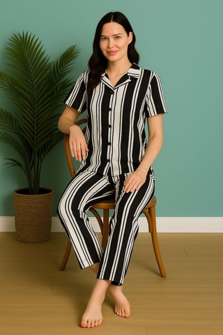 Kadın Kısa Kol Çizgili Pijama Takımı Siyah-beyaz