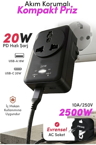 20w Pd Hızlı Şarjlı Akım Korumalı Kompakt Priz 2500w Usb-c & Usb-a 18w Qc Hızlı Şarj Kablosuz