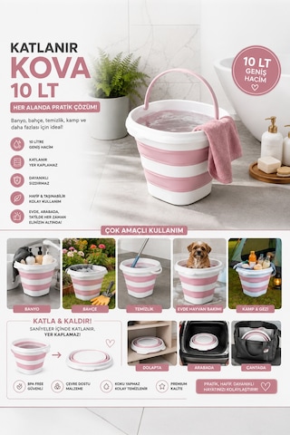 Porsima 1175-1 Damla Katlanabilir Silikon Su Kovası Pudra Beyaz Beyaz - Pembe
