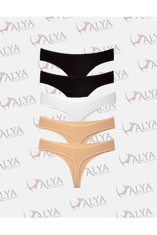 Alya Underwear Kadın Bato Tanga Pamuklu Külot, Büyük Beden String, 5'li Paket- 2 Siyah, 1 Beyaz, 2 Ten Renkli P02