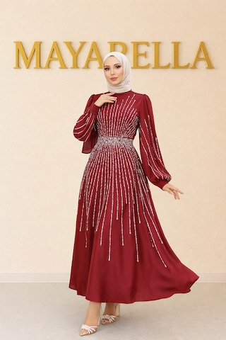 Mayabella İşlemeli Saten Tesettür Abiye Bordo Bordo