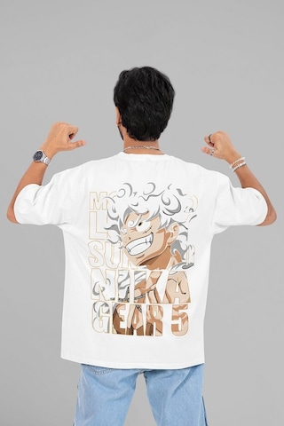 Sevbano Monkey D. Luffy Nika Gear 5 Baskılı Unisex Oversize Anime Karakte Beyaz