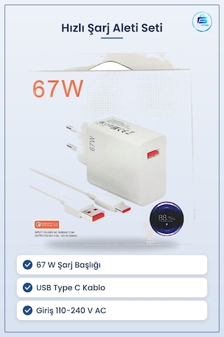 Şarj Aleti 67 W Hızlı Adaptör Usb Type C Kablolu Set Telefon Uyum