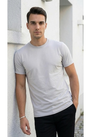 Plus Scorpion T02 Kol Katlama Erkek Slim Fit Basic Tişört Bisiklet Yaka, Düz Kumaş, Yazlık Model Gri