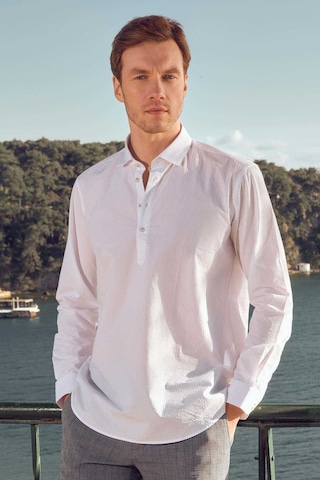 Morven Erkek Beyaz Pamuk Baskılı Desenli İtalyan Yaka Regular Fit Gömlek Beyaz