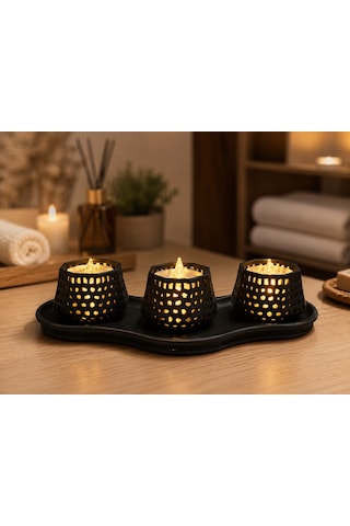 3d Baskı Dekoratif Mumluk Seti - Desenli Tealight Ve Masaüstü Aydınlatma Objesi-siyah Renkli