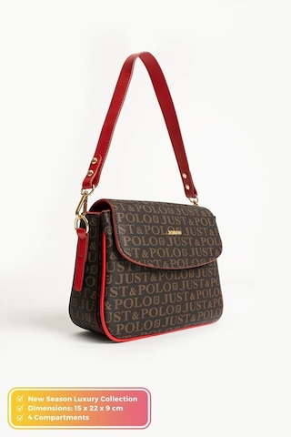 Just Polo Kadın Baskılı Ayarlanabilir Askılı El & Omuz Çantası Ebat : 26 X 13 Cm Shopper Kahve Kırmızı