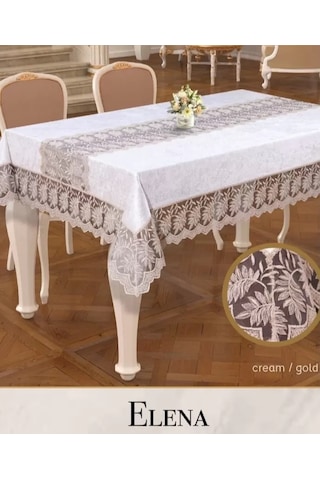 En-cag Elena Model Krem-gold Keten İşlemeli 160x220 Cm Dantelli Yemek Masası Örtüsü Bss