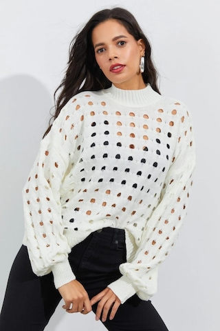 Kadın Ekru Ajurlu Triko Kazak-ekru Ekru