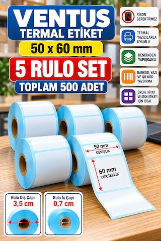 Ventus 50mmx60mm Termal Etiket 1 Rulo 100 Etiket 5 Rulo