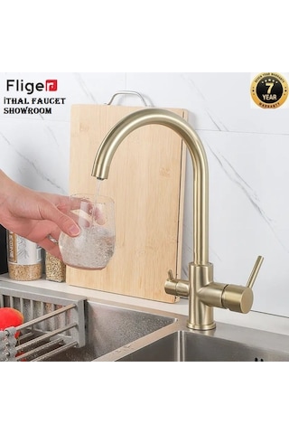 Mutfak Evye Bataryası Dual Flow Su Arıtma Çıkışlı Spiralli Fiskiyeli Ithal Mat Gold Evye
