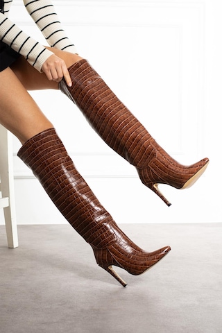 Shoetek Sara Kadın Çizme İnce Topuklu Kroko Desenli Taba Deri TABA KROKO