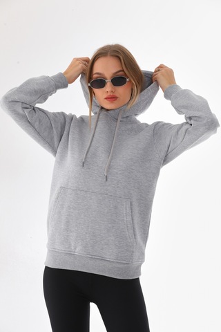 Everest Everst Kapüşonlu 3 İplik Şardonlu Kanguru Cepli Sweatshirt Gri