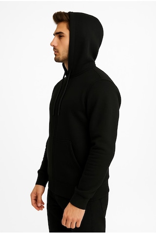 Axxel Erkek Siyah Fermuarlı Kapüşonlu Sweatshirt-w590 Siyah 3 İplik Şardonlu