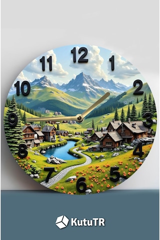 Alpine Dream Dağ Evleri Temalı Manzara Mdf Duvar Saati Sessiz Mekanizma Sdw222 Renkli