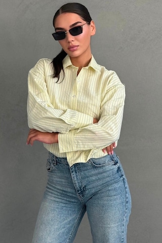 Madmext Sarı Çizgili Oversize Kadın Gömlek Mg2732