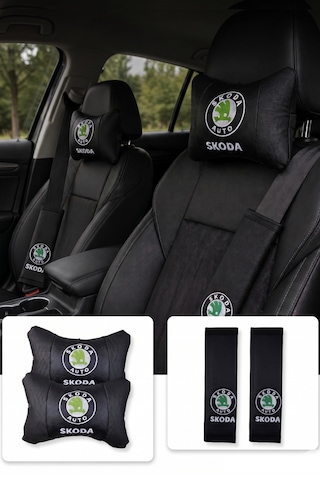 Skoda Auto Nakış Desenli Siyah Deri Araç Boyun Yastığı & Emniyet Kemer Pedi- Nakış İşlemeli Seyahat Konfor Seti
