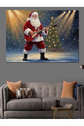 Gitar Çalan Noel Baba Figürü Dekoratif Kanvas - Mdf Ahşap Tablo