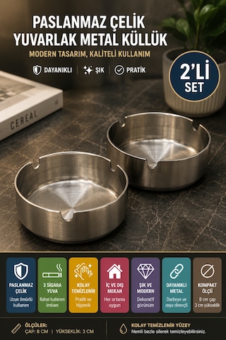 2'li Set Paslanmaz Çelik Metal Küllük 8 Cm Yuvarlak Masaüstü Küllük Mat Gümüş Dekoratif Modeli