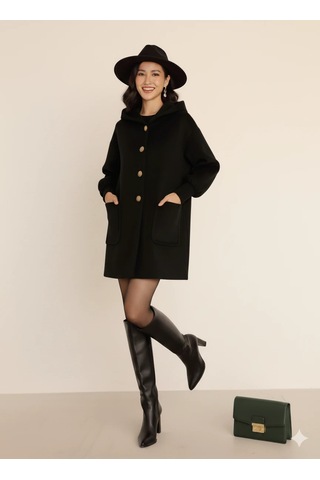 Kadın Oversize Bol Kesim Diz Üstü Siyah Kaban Büyük Cepli Yünlü Kumaş Kapüşon Detaylı Siyah