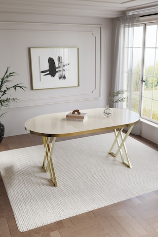 Selenit Mutfak Yemek Masası Takımı- 6 Kişilik Mutfak Masa Sandalye Takımı- Mutfak Masası Takımı Gold Düz Krem