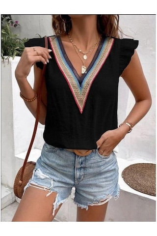 Yaz V Yaka Dantel Kelebek Kollu Kadın Bluz Zarif Rahat Kadın Beyaz Gömlek Moda Zarif Kolsuz Blusas Tops 25803 Siyah