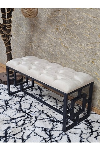 Zafir Siyah Boyalı İçi Kareli Diktörtgen 100 Cm X 40 Cm Oturak Puf - Bench - Makyaj Oturağı - Oturak Krem