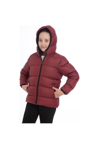 Kız Çocuk Içi Polarlı Kürklü Kapüşonlu Su Geçirmez Rüzgara Dayanıklı Cepli Şişme Kışlık Mont Bordo