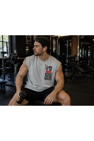 Urbantrendstore Baskılı Premium Sporcu Atleti Gym Tişört %100 Pamuklu Fitness T-shirt Açık Gri