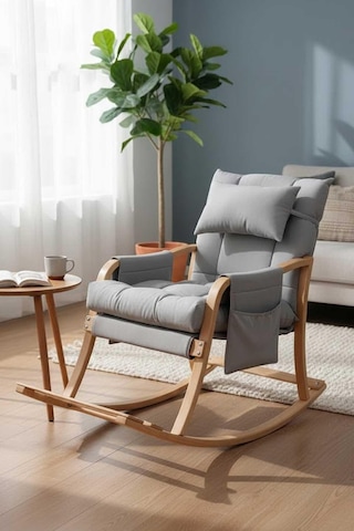 Reyo Paşa Ahşap Sallanan Sandalye, Boyun Yastıklı Çıkartılabilir Kılıflı Minderli Dinlenme Koltuğu Emzirme Koltuğu Açık Gri