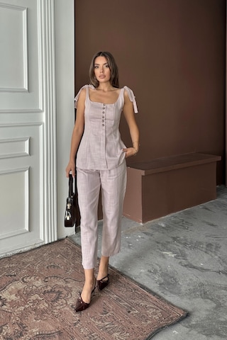 Moderie Butik Şantuk Keten Yelek Görünümlüaskılı Bluz - Pantolon Tk - Lila Lila