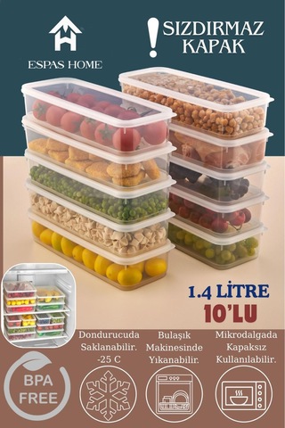 10'lu Sızdırmaz Freshbox Saklama Kabı Mikrodalga Ve Buzdolabı Uyumlu / 1400 Ml Şeffaf Şeffaf