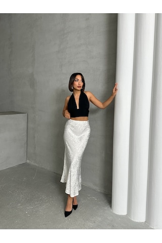 Kadın Leopar Desenli Uzun Saten Etek Beyaz