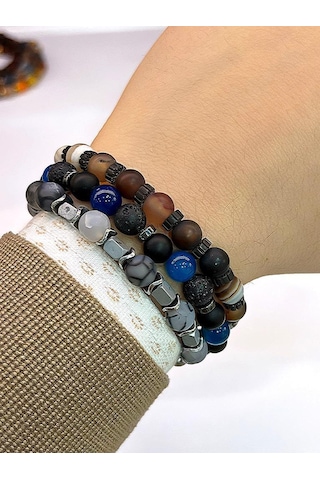 Nursaat 3'lü Doğal Taş Unisex Tılsım Bilekliği Azurit,Hematit, Kristal Kuvars Taşı Doğaltaş Bileklik Çok Renkli