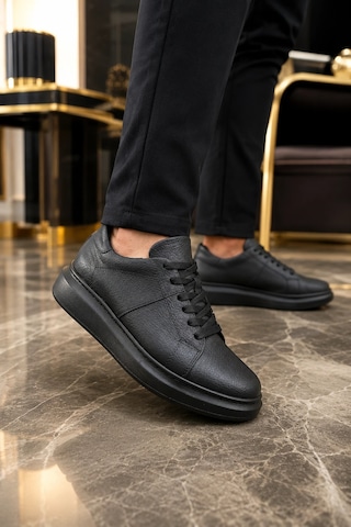 Mevese Tsoob Bağcıklı Cilt Erkek Günlük Rahat Taban Sneaker Ayakkabı - Siyah