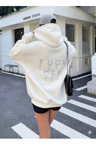 Afri Kadın Ekru Oversize Kapüşonlu Sweatshirt Taş Detaylı F Ck Off Yazılı Rahat Günlük Kapüşonlu Üst Ekru