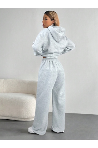 Macklin Unisex Kadın Erkek Healty For Baskılı Oversize 3 İplik Kapüşonlu Sweatshirt Ve Baggy Eşofman Altı Gri Melanj