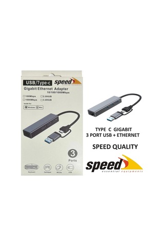 Speed Uet01 10-100-1000 Usb - Type C 3 Port Usb 3.0 Çoklayıcı Gigabit Ethernet Çevirici Kdo