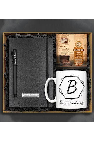 Kişiye Özel Altıgen Kupa & Siyah Defter & Roller Kalem & Pratik F