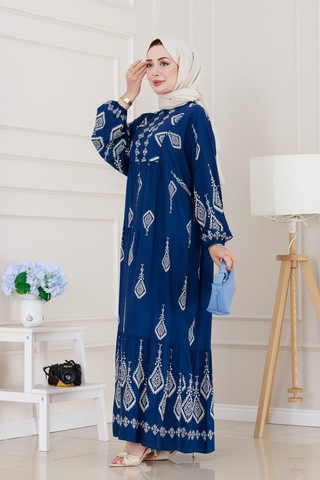 Sevitli Yarım Düğmeli Robalı Eslem Elbise-indigo-5186 İndigo