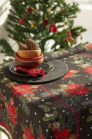 Kozalak Çiçekli Lacivert Yılbaşı Masa Örtüsü