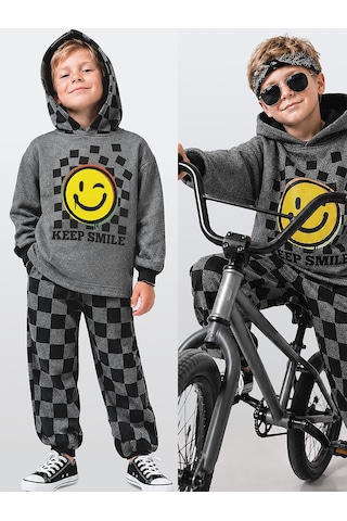 Deno Kids Denokids Erkek Çocuk Eşofman Takım Damalı Kalın Kapüşonlü Sweatshirt Eşofman Altı Çok Renkli