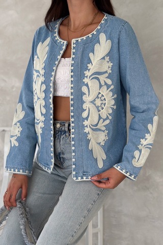 Femelle Kadın Mavi Vintage Nakışlı Kot Denim Ceket Lacivert