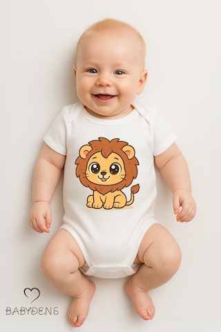 Babyden's %100 Pamuklu Sevimli Hayvan Figürlü Bebek Body Unisex Çıtçıtlı Kısa Kollu Zıbın Aslan Beyaz